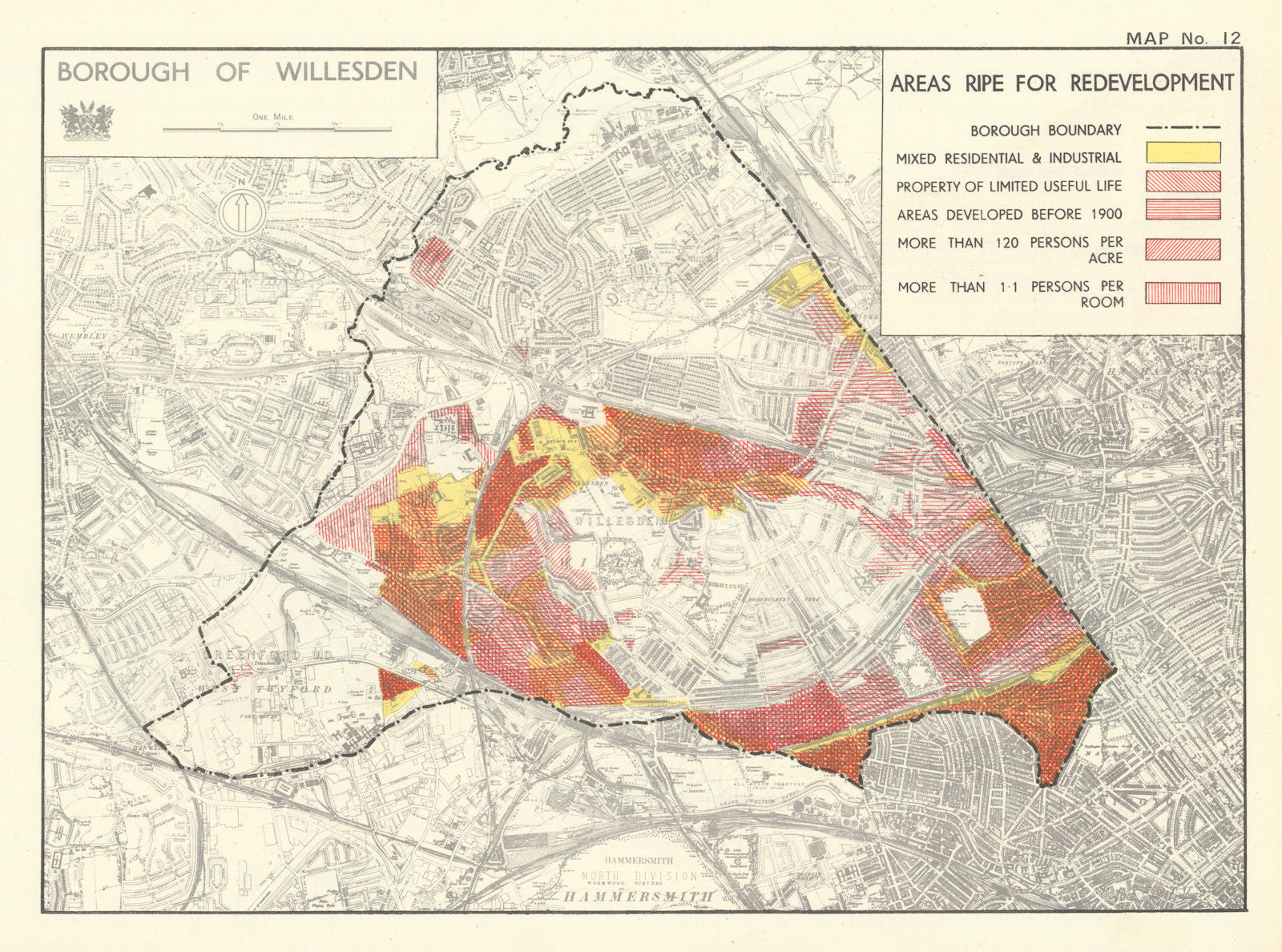 Willesden Borough. Areas ripe for redevelopment. Kensal Kilburn Neasden 1950 map
